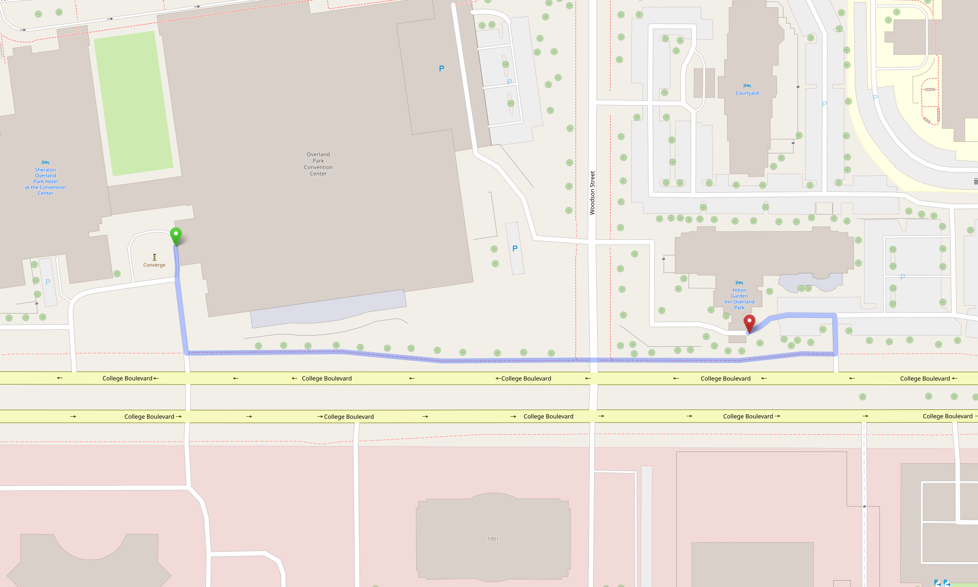 Map with markings to indicate directions from OPCC to the Hilton Garden Inn