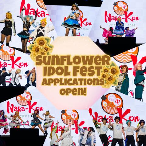 Pictures of different local idol groups with the text "Sunflower Idol Fest applications open" on it