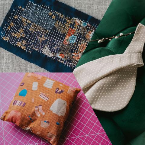 Advertisement for Sewing for Absolute Beginners, Mending Clothes with Boro Embroidery, and Sew a Japanese Knot Bag