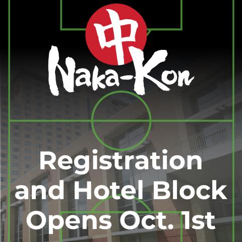 Flyer announcing registration and hotel opening on October 1st with a ball court as the background.