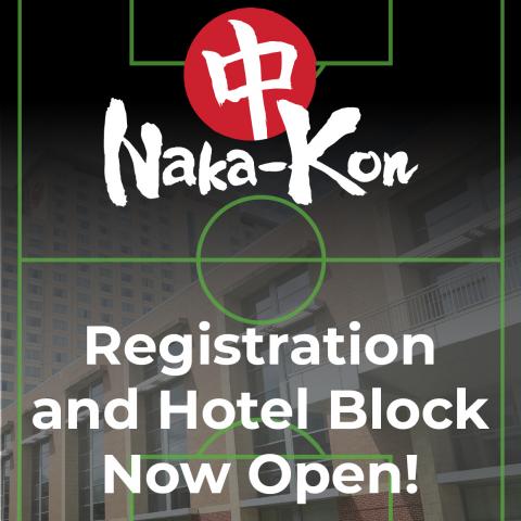 Naka-Kon 2026 registration and hotel block are now open text on the background of a sports ball court